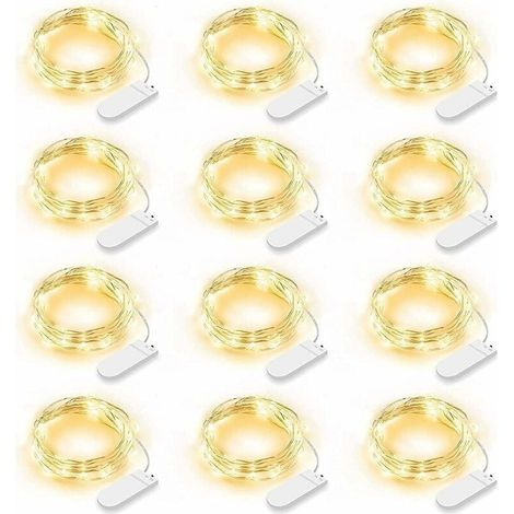 Lot de 12 Guirlande Lumineuse LED, Guirlande Lumineuse à Piles 2m 20 LEDs Fée Chaîne Lumières Guirlande IP65 Étanche LED Déco pour Chambre Noël Mariage Fête Jardin, Blanc Chaud (Blanc Chaud) (1/4)