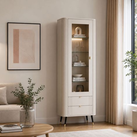Vitrina Lokapami, Mueble Expositor con 4 Estantes, 2 Cajones, 1 Puerta, 78x40x192h cm Beige (1/4)