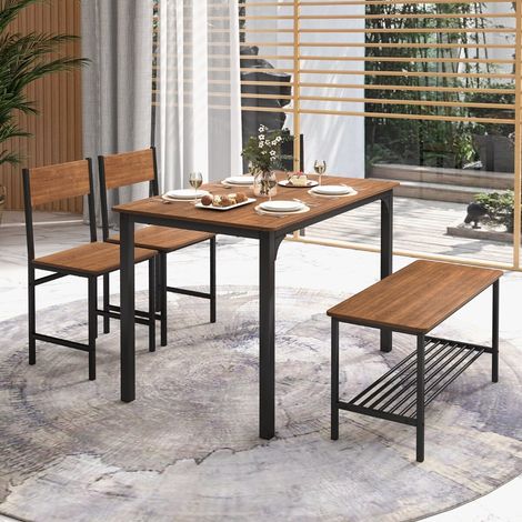 Ensemble table à manger marron en MDF et métal avec 2 chaises, banc 4 places et rangement (1/5)