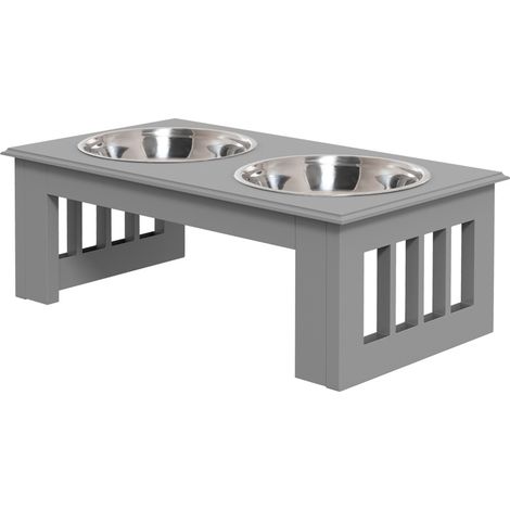 Station de repas pour chien avec 2 bols en acier inoxydable, support MDF, 44 x 24 x 15 cm, gris (1/5)