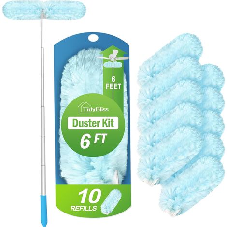 Plumeau Poussiere Telescopique, Kit Duster à Manche Allongé 168 cm avec 10 Recharges, Ultra Résistantes Microfibre Plumeau à 360 Degrés pour Plafond Ventilateur Mural (1/5)