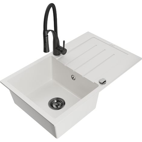 Mexen Bruno évier en granit 1 bac avec égouttoir et robinet de cuisine Aster, blanc - 6513-20-73450-70-B (1/5)