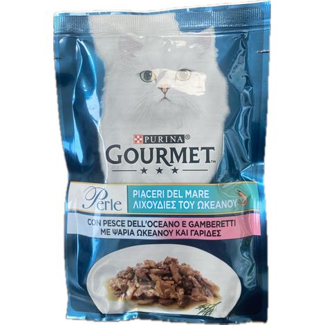 gourmet perle - piaceri del mare con pesce dell'oceano e gamberetti, alimento umido per gatto. (1/5)
