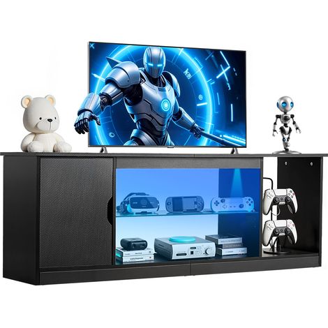 VEVOR TV-Ständer für Fernseher bis zu 65 Zoll, TV Tisch mit Lichtleiste, TV-Schrank aus Holz mit Glasablage & verstellbaren Regalen, Konsolentisch Fernsehschrank für Wohnzimmer Schlafzimmer, Schwarz (1/5)