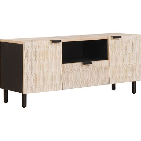 Mobile TV moderno con cassetto e contenitore 105 x 33 x 46 cm legno massello di mango bianco 020057766