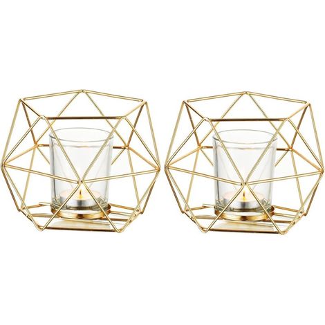 Bougie Doré Bougeoir - Lot de 2 Bougeoirs Mariage Centre de Table pour Bougies Géométrique Design Moderne de Anniversaire Maison Décoration Métal-Fei Yu (1/5)