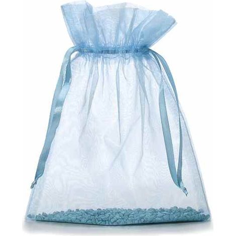 Sacchetto in organza azzurro con coulisse di chiusura in raso è una soluzione pratica e veloce, set da 50 pezzi, cm 17 x 22 H (al tirante17)