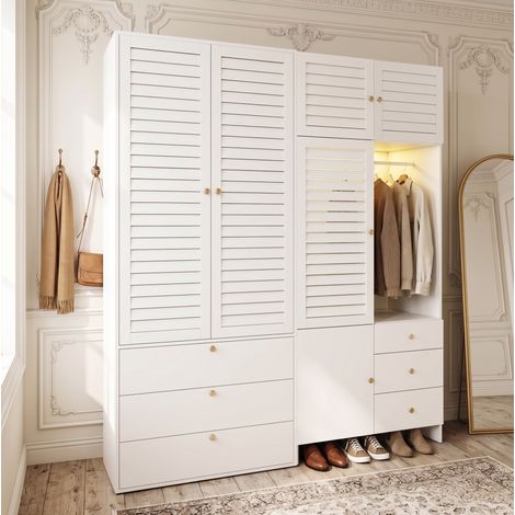 Armario ropero blanco con LED, 6 cajones, 2 barras para colgar y cesto de ropa extraíble, 180 × 50 × 200 cm, puertas con lamas y tiradores dorados – CHICFURN (1/5)
