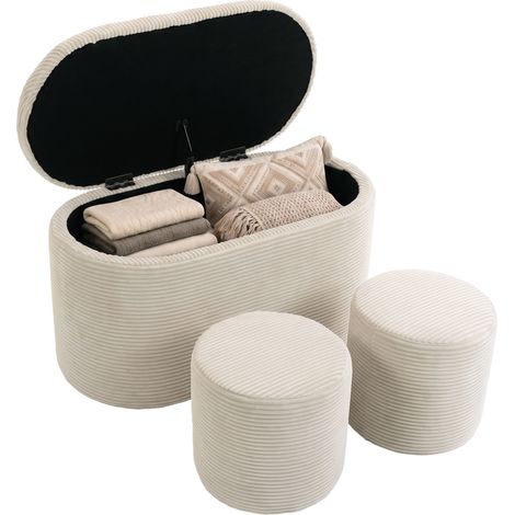 Banc de rangement - pouf de rangement gigogne - HOMCOM - 3 en 1 avec 2 petits tabourets intégrés - velours - 82x43x44cm - beige (1/5)