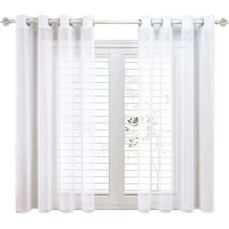 Lot de 2 rideaux voilage blanc 140x160cm – Effet lin imitation – 8 œillets métalliques – Décoration intérieure pour chambre et cuisine (1/5)