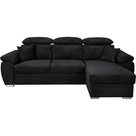 Canapé d'angle KOMO Reversible et Convertible avec coffre et têtières réglables en tissu - Noir (1/5)