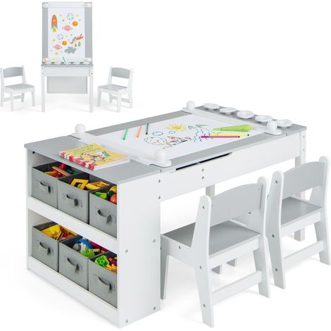 COSTWAY 2-in-1 Kids Art Table and Easel Set Toddler Play Activity Drawing Desk w/Chairs (1/5)