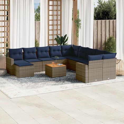 Salon de jardin modulable 14 pièces en résine tressée grise avec coussins bleu marine - PANGIVO (1/5)