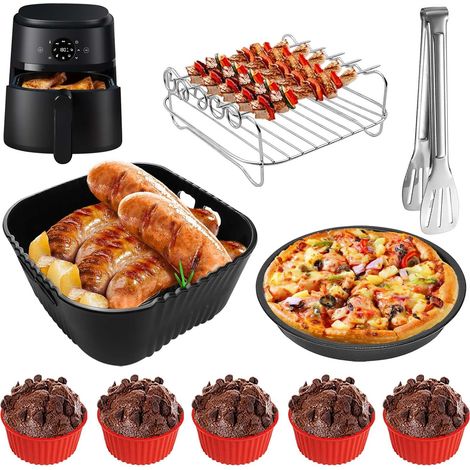 9PCS Accessoires Air Fryer, Moule Silicone 20CM, Grille Acier Inox, Plaque Pizza, Compatible Philips Russell Hobbs (1/5)