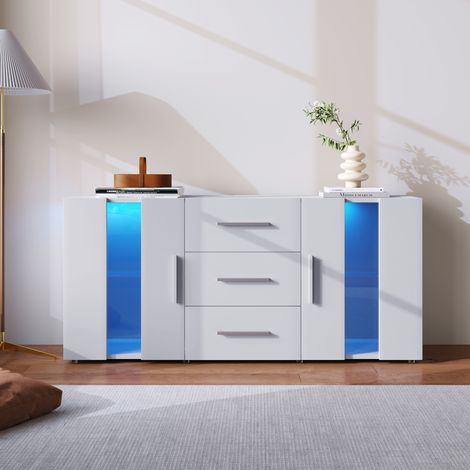DESMIU Meuble TV 2 portes 3 tiroirs 5 à 7 espaces de rangement avec LED, pour salon, en MDF, blanc, 140 × 35 × 70 cm (1/4)