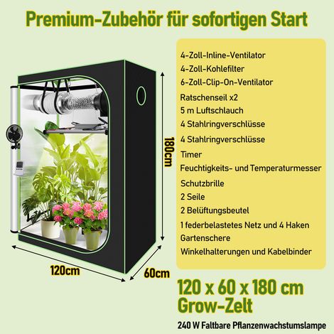 Wolketon Growzelt Komplettset 120x60x180 cm Indoor Grow Set mit 4" Belüftungssat Grow Tent Kit LED Grow Light Grow Lampe Kohlefilter