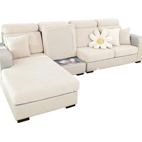 Stretchable 3-Seater Sofa Cover, Universal Sofa Cover, Cat and Dog Scratch Protection, Wear-Resistant Cushion and Seat Cover (White Weave, 2-Seater Cover) (1/5)