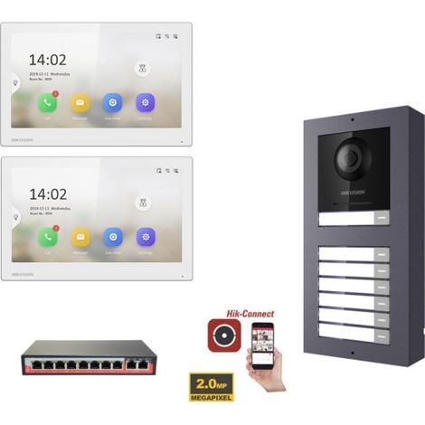 KIT Videocitofono IP Poe Hikvision 2 appartamenti Monitor 7 pollici Bianco WIFI smart telecamera 2 mpx