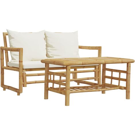 Vidaxl – Salon de jardin 2 places en bambou avec coussins épais – Plateau robuste pour décoration – Housse amovible et lavable – 110 kg max par siège (1/5)