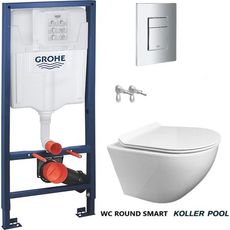 Pack réservoir Encastrable Bati-Support GROHE et plaque chrome brillant avec WC suspendu ROUND blanc 49 Abattant fin (1/5)