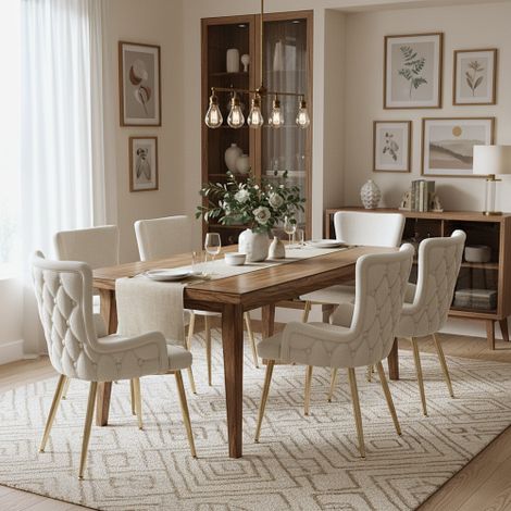 Set of 6 Beige Velvet Dining Chairs with Gold Metal Legs for Luxurious Living Room and Bedroom Lounge Seating