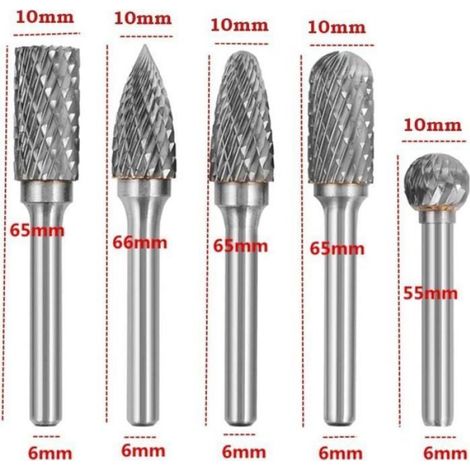 Fraises Rotatives Carbure 5pcs 6mm, Double Coupe Tête 10mm, Travail Bois Gravure Sculpture (1/4)