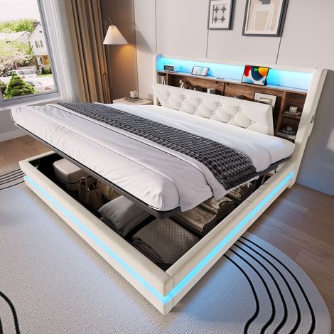 Letto imbottito 167x218.5x106.5 cm, con contenitore, testiera multifunzione, LED, USB, velluto beige (1/5)