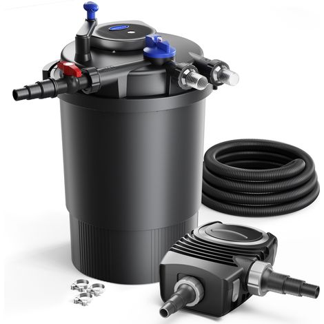 SunSun Komplettset: CPF-30000 Teichdruckfilter bis 12000 L mit 55 Watt UV-C Teichklärer, NEO6000 SuperEco Teichpumpe 6000l/h 40W, 5m Teichschlauch 38 mm (1 1/2"), Schlauchschellen W1 44-47mm (1/5)