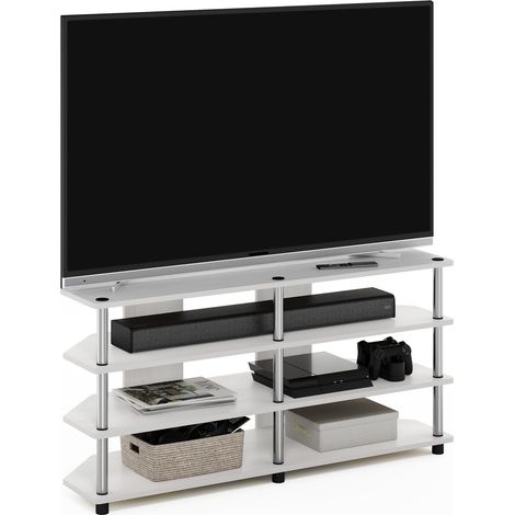 Meuble TV d'angle À 4 Niveaux, Compatible avec Les Téléviseurs Jusqu'À 55 Pouces, Montage Facile, Idéal pour Le Salon Ou La Chambre, en Chêne Blanc Et Tubes en Acier Inoxydable. (1/5)