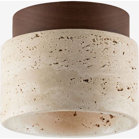Sklum – Plafonnier Ø10 cm en travertin et bois – Protection IP20 – Culot E27 – Design rustique pour hall, salon, chambre