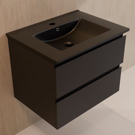 LOMAZOO Meuble de Salle de Bain 60cm - Noir Mat - Vasque Noire en