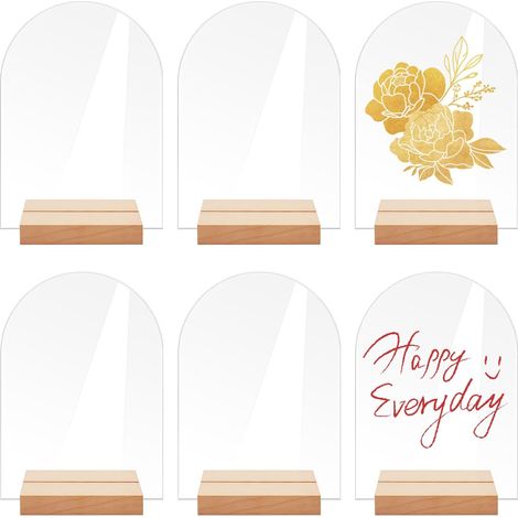 6 Pièces Panneaux en Acrylique Transparent, Panneaux Acryliques en Arc de Cercle, avec Porte-cartes en Bois, pour Numéros de Table, pour anniversaire de mariage, Baptême,Décorations de Tab(14 x 10 cm)