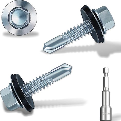 Lot de 130 vis autoforeuses pour toiture 6,3 x 25 mm, vis autotaraudeuses à tête hexagonale avec rondelle d'étanchéité en caoutchouc, avec douille hexagonale, plaque de zinc. (1/5)