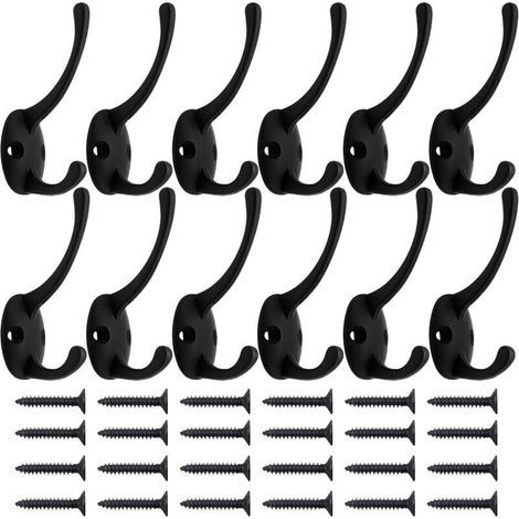 Set of 12 black wall-mounted coat hooks with 24 screws, practical retro double hooks, suitable for coats, scarves, bags, towels, keys, hats, mugs (1/4)
