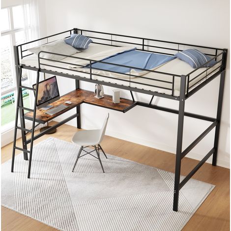 MEUBLIV Cama alta 90x200 cm negra – con escritorio en esquina y estantería, sin colchón (1/5)