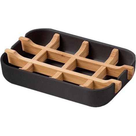 Porte-savon - Bambou - Noir - Auto-drainant - Dimensions 13,2x8,5x2,5 cm - Salle de bain, cuisine (1/4)