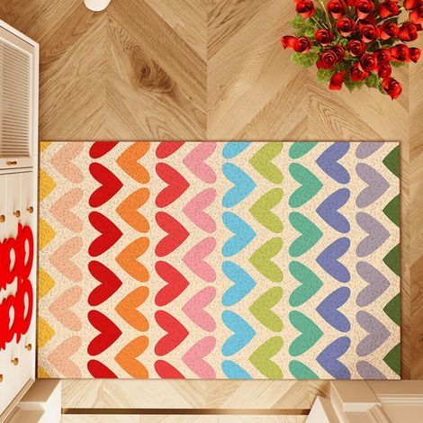 Bunte Herz-Fußmatte, 50 x 80 cm, aus Seidenschlingenstoff mit Cartoon-Muster, fleckenabweisend und leicht zu reinigen, strapazierfähig und fleckenabweisend. (1/5)