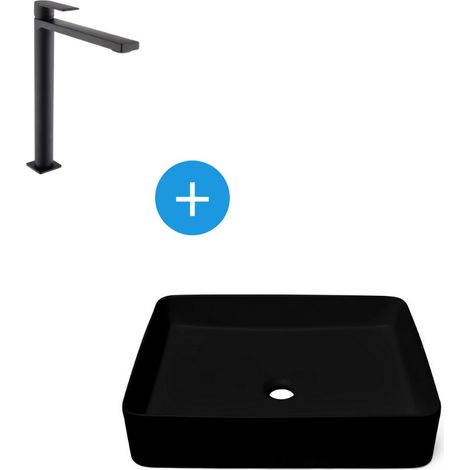 Set Vasque Infinitio à poser 50x40 cm + Mitigeur XL B-Way + Bonde, Noir mat (SATINF5040BKM-BWAYBP) (1/5)