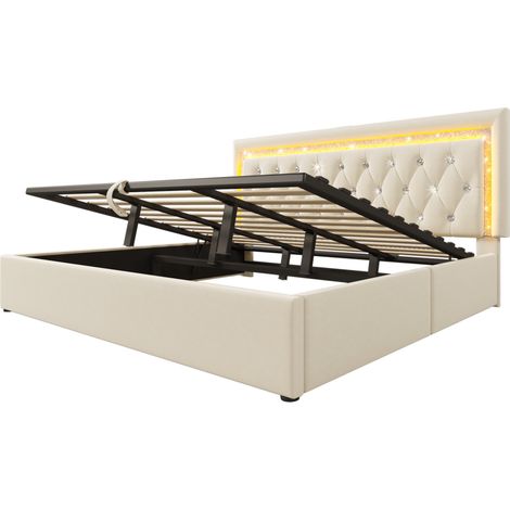 HOMVRA Polsterbett 180x200 cm Samt Beige mit LED, USB und USB-C (1/5)