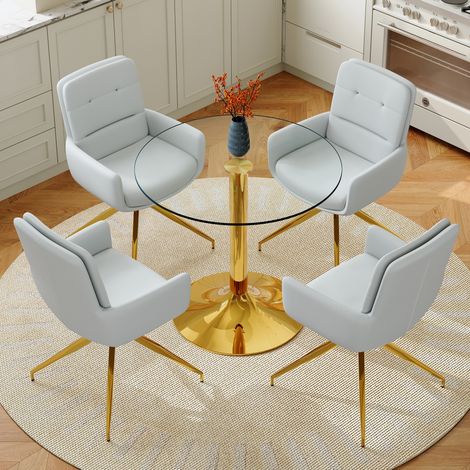 Ensemble repas 85x85x76 cm en verre et métal doré, chaises pivotantes pour salle à manger FloraGrace (1/5)