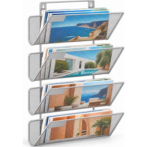 relaxdays magazine holder, iron, wall-mounted, silver, 4 shelves, HxWxD: 43 x 12 x 32.5 cm (1/5)