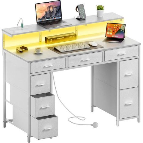 EcoFurnix, Desk with 8 Fabric Drawers, 120 × 50 cm LED Gaming Desk with Outlets & USB Ports, Gamer Desk, White (1/5)