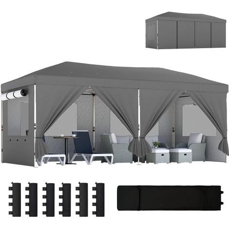 Tonnelle pliante 3x6m avec 6 parois latérales, sacs et piquets, en métal et tissu Oxpourd, gris foncé