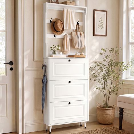 Mueble recibidor (66x17x180 cm), con perchero y zapatero, 3 puertas abatibles, MDF y tablero de partículas blanco (1/5)