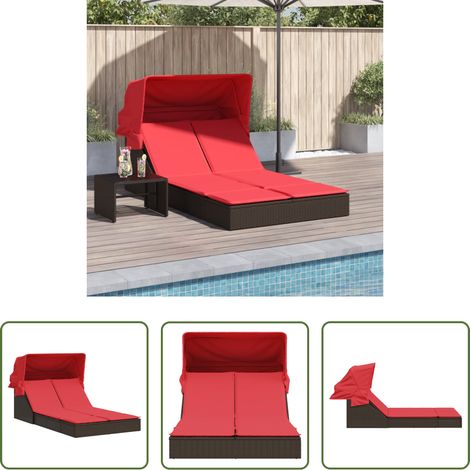 vidaXL Chaise longue double avec auvent et coussins marron poly rotin (1/5)