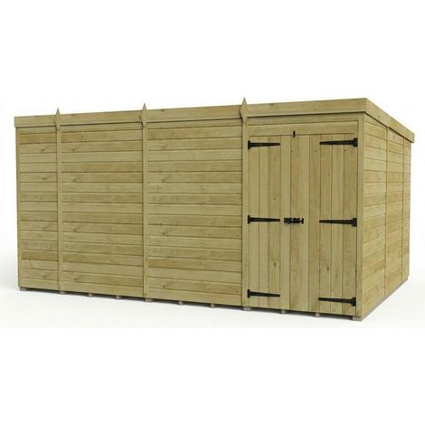 14ft x 10ft Pent Garden Shed Double Door No Windows - Pressure Treated Timber - L427 x W305 x H210 cm - Natural