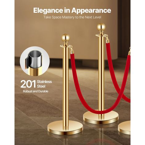 Poteau de guidage, 4 pcs, barrière de balisage pour contrôle de foules, avec base creuse, 2 cordes velours rouge et poteaux dorés en acier inoxydable, pour file d'attente en public, hôtel, fête (1/5)