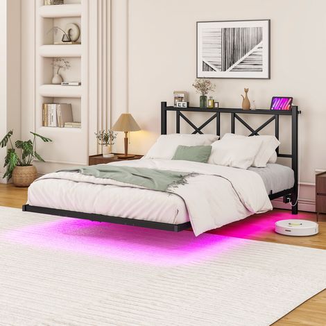 Letto 120x200 cm - Letto matrimoniale con rete - testiera integrata con LED e porta-caricabatterie - struttura in metallo - nero (1/5)