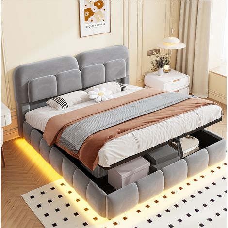 Letto contenitore 140 x 200 cm con LED, testiera imbottita, velluto grigio (1/5)