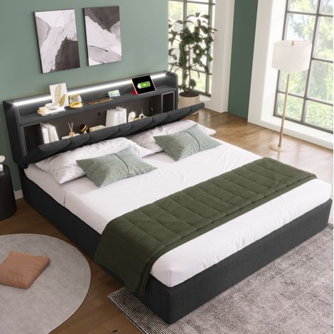 Bett 160x200 cm Grau aus Leinen mit Stauraum-Kopfteil, USB-Anschlüssen und LED-Beleuchtung (1/5)
